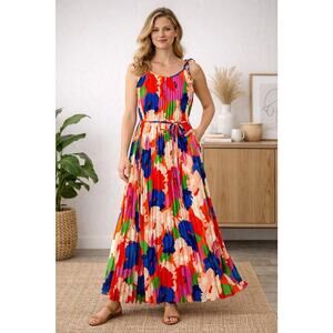 Sam Edelman Midi Dress Retro Floral Plisse Bright Colorful Resort Cruise Size XL